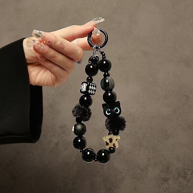 Niche High-End Black Plush Cat Phone Lanyard Beaded Hand Chain Wrist Strap Car Keychain Bag_voghion.com