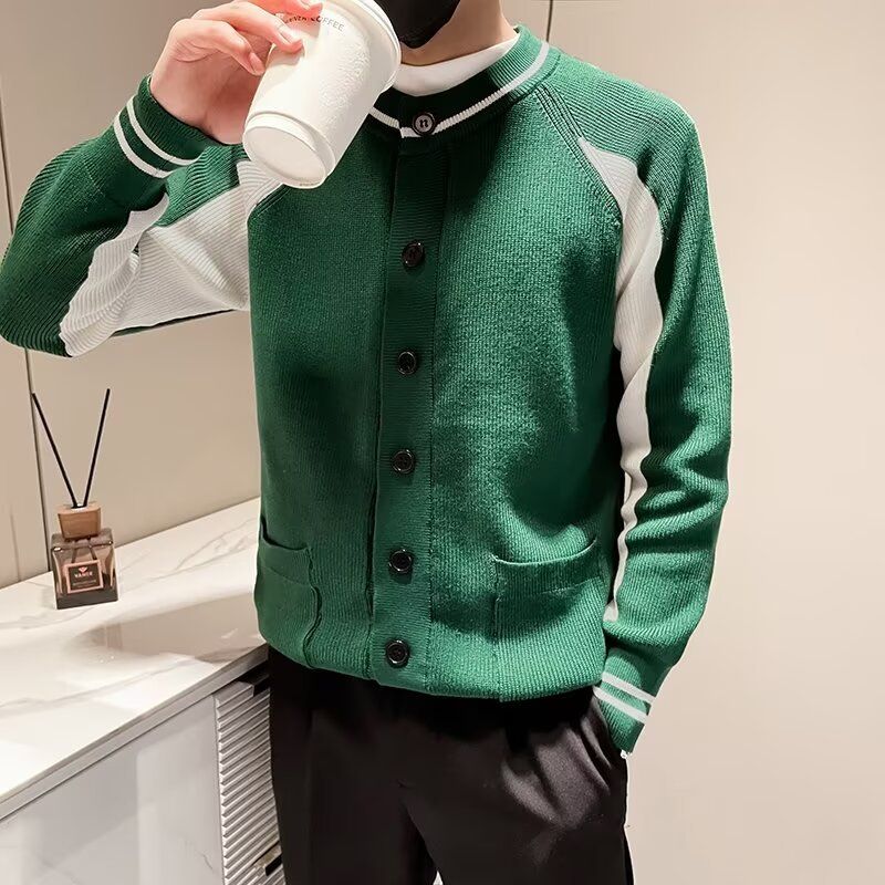 Spring and Autumn Men's Fashion Splicing Color Shoulder Sleeve Round Neck Knitted Cardigan Sweater Men's Coat_voghion.com