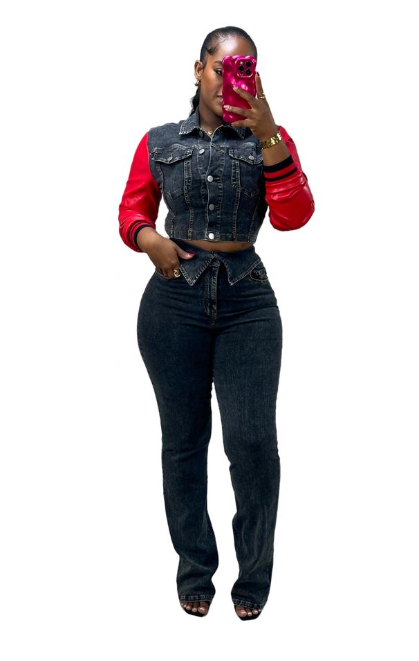 Abbigliamento da donna, completo in denim, pantaloni elasticizzati con cuciture a U in denim_voghion.com