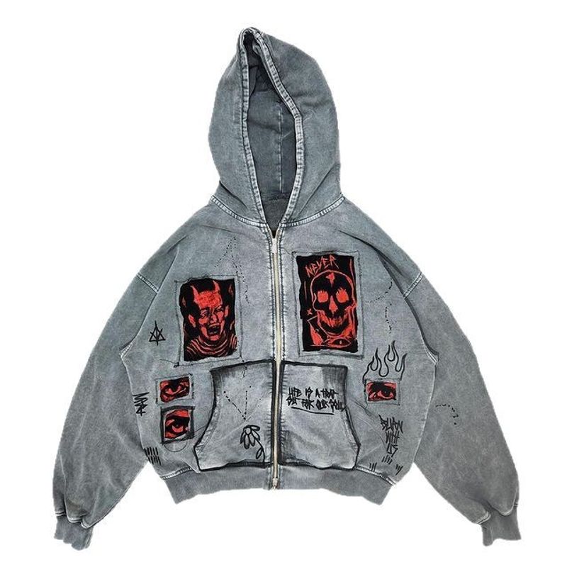 American Street Retro Y2K Unisex Devil 3D Printed Patch Heavy Loose Hooded Sweater Jacket_voghion.com