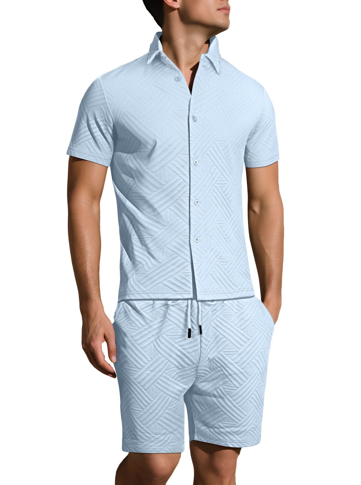 Herren-Set aus kurzärmligem Hemd und Shorts mit Jacquard-Print – Atmungsaktives, lässiges Sommeroutfit (einfarbige, zweiteilige Loungewear)_voghion.com
