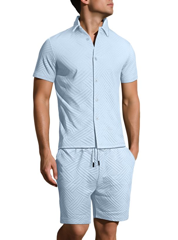 Herren-Set aus kurzärmligem Hemd und Shorts mit Jacquard-Print – Atmungsaktives, lässiges Sommeroutfit (einfarbige, zweiteilige Loungewear)_voghion.com