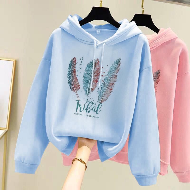 Women Fashion Feather Printed Hoodies Autumn Winter Plus Veet Casual Loose Sweatshirt_voghion.com