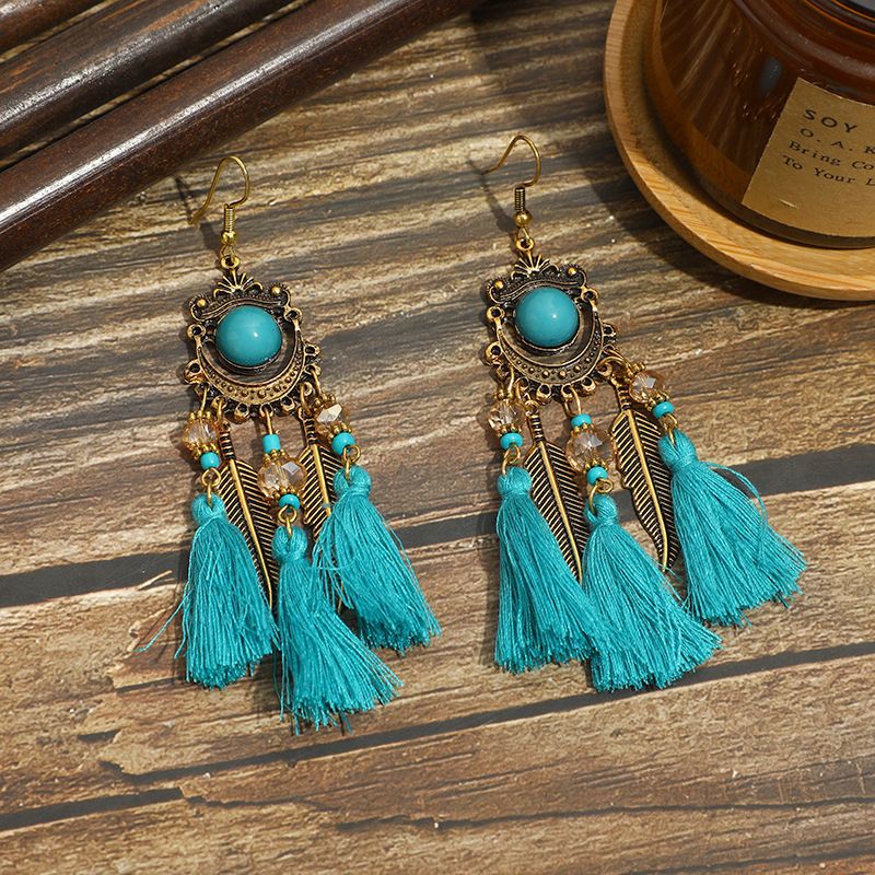 Nappe etniche, orecchini lunghi in stile Yunnan, personalizzati e versatili, ganci per orecchini in foglia d'oro in stile cinese_voghion.com