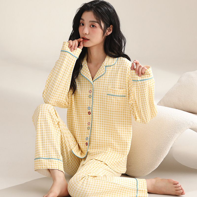 Damen Nachtwäsche 2024 Neue Frühjahrs- und Herbstsaison Reine Baumwolle Langarm Niedlicher dünner Stil Übergröße Heimanzug Set Kann_voghion.com