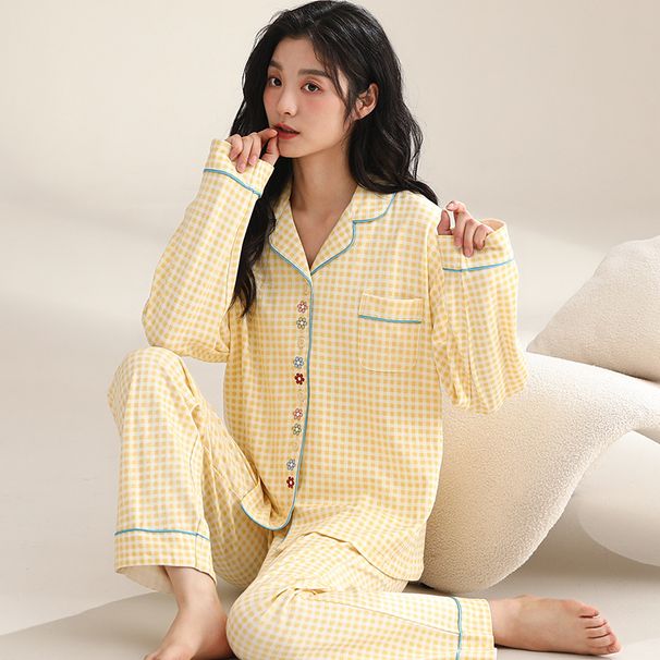 Damen Nachtwäsche 2024 Neue Frühjahrs- und Herbstsaison Reine Baumwolle Langarm Niedlicher dünner Stil Übergröße Heimanzug Set Kann_voghion.com