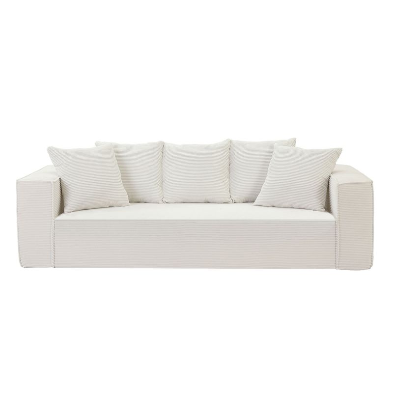 88.97inch Corduroy Sofa with 5 Matching Toss Pillows, Sleek Design, Spacious and Comfortable 3 Seater Couch for Modern Living Room.WHITE_voghion.com