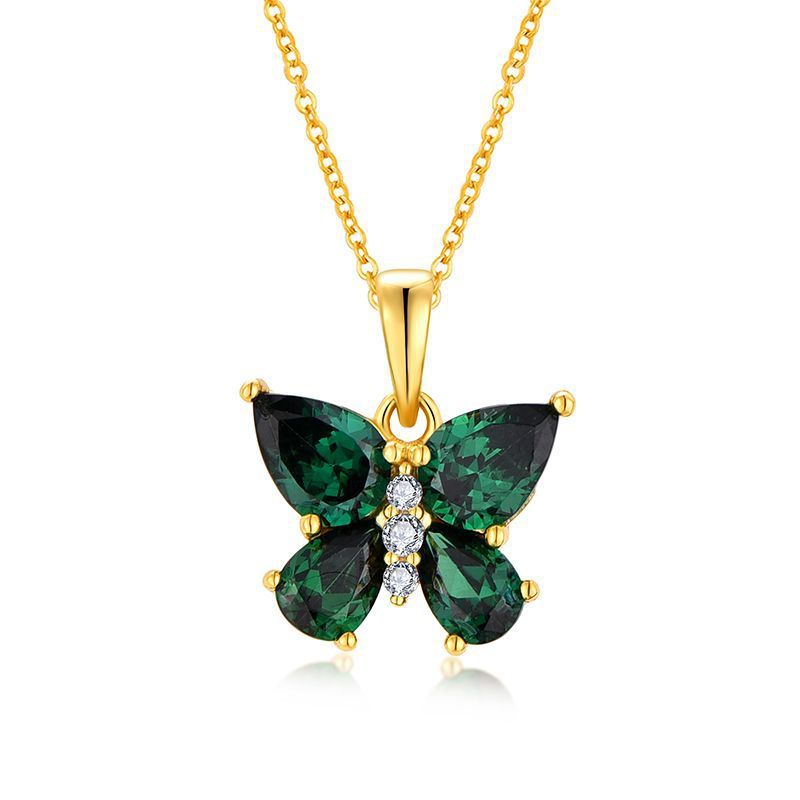 New Emerald Zircon Butterfly Pendant Necklace S Sterg Sier Jewelry Female Light Niche Design_voghion.com