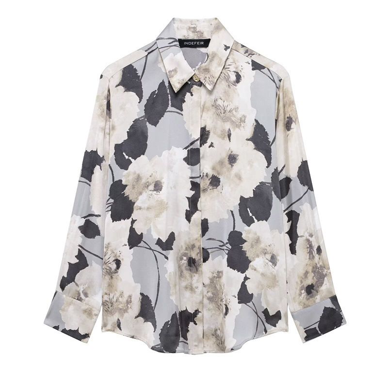 Women's Clothing Spring New Suit Long Sleeve Satin Texture Printed Shirt Skirt Design Niche Slim Suit_voghion.com