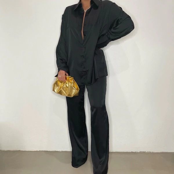 Abbigliamento da donna Abito da camicia casual allentato in raso multicolore moda autunno_voghion.com