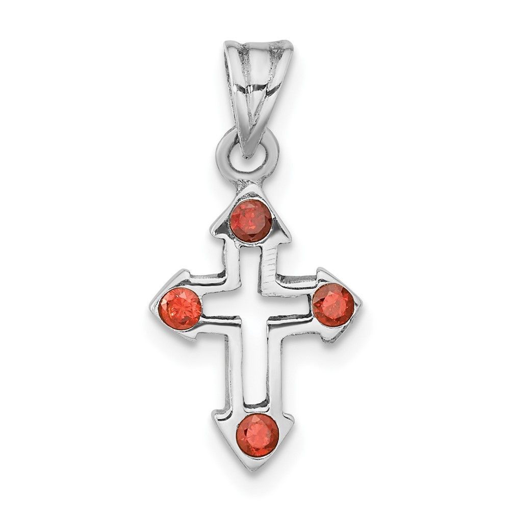 Sterling Silver Rhodium-plated Polished Open Cross Red Crystal Pendant_voghion.com