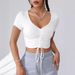 Women's Clothing V neck Simple Solid Color Drawstring Strap Short Navel Top T shirt_voghion.com