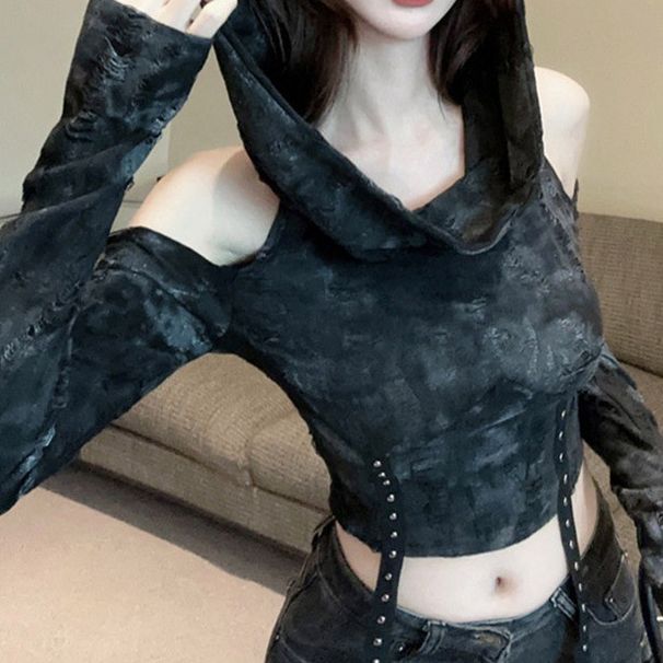 Maglietta a maniche lunghe con cappuccio e spalle scoperte, indossata a mano, in stile terreno abbandonato, per donna, estate 2024, sottile e a vita alta,_voghion.com