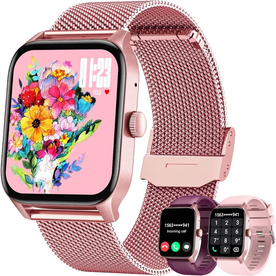 Smartwatches Android iOS-telefoons: roze smartwatch voor vrouwen, 1,83 inch touchscreen met antwoordapparaat, oproepfunctie, waterdicht, hartvormig R-vormig horloge_voghion.com