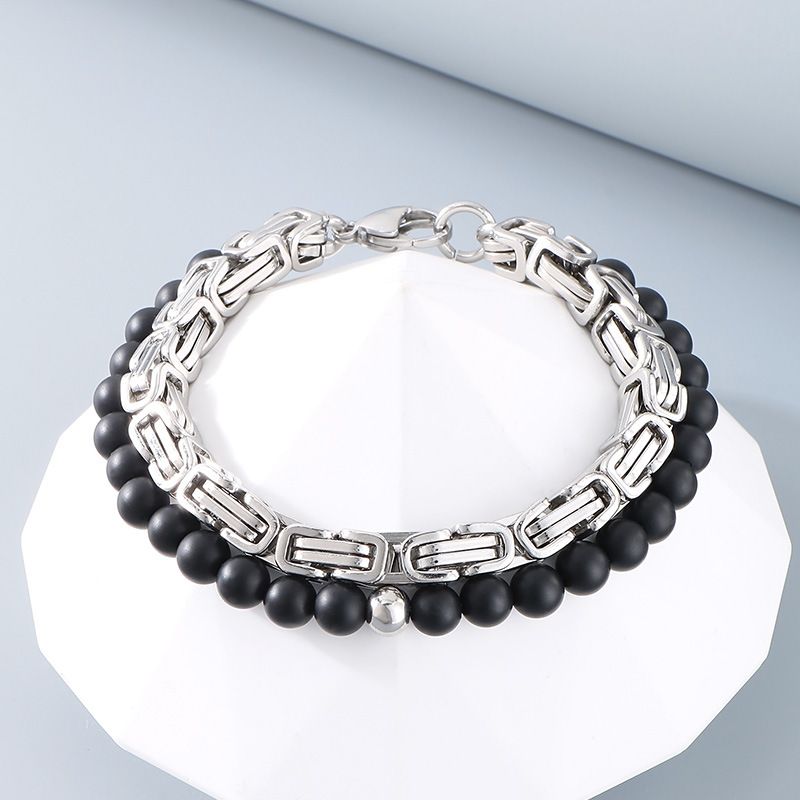 Herrenschmuck Retro Handgefertigtes DIY Doppelschichtarmband Punk Mode Schwarzer Achat Kaiserkette Titanstahl Herren Stapelschmuck_voghion.com