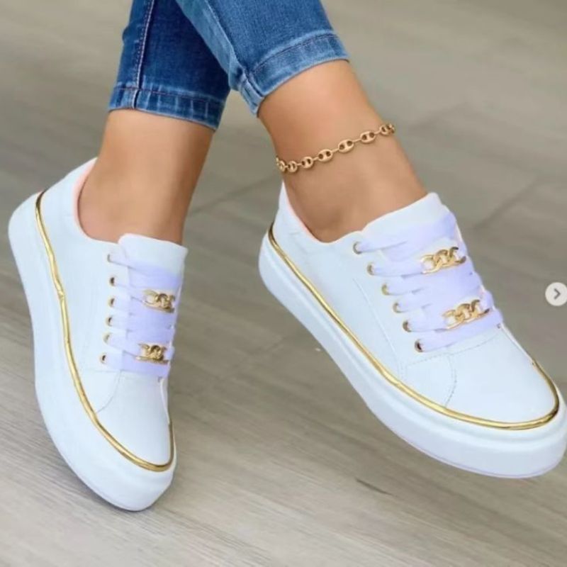 Vrouwen Metalen Ketting Sneakers Dikke Bodem Lage Sportschoenen Veterschoenen Flats Lichtgewicht Wandeltrainers Deportivas De_voghion.com