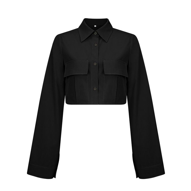 Damen Fashion Solid Color Pocket Short Design Temperament Commuter Shirt Top_voghion.com