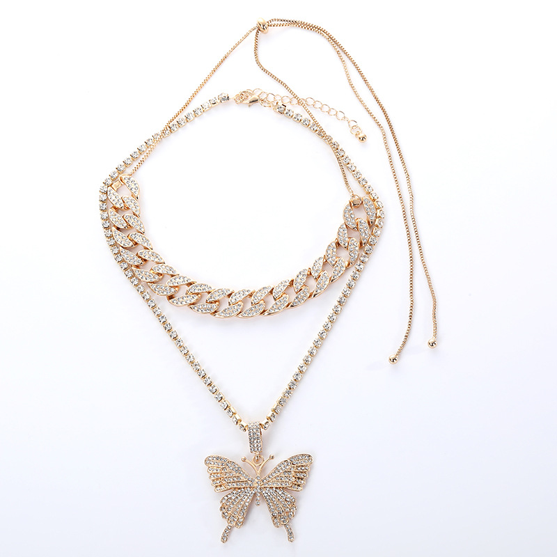 Collana geometrica con zirconi intarsiati scintillanti in lega del designer per set retrò da donna con collana a farfalla grande con catena cubana_voghion.com