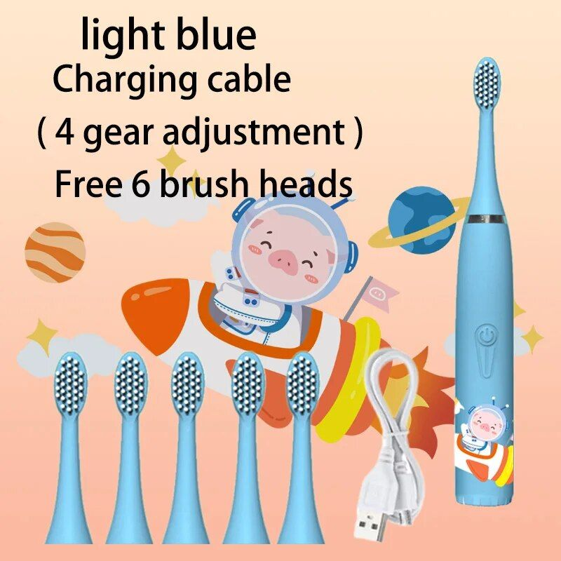 Cepillo de dientes eléctrico sónico para niños, resistente al agua IPX7, con cabezales de repuesto, recargable, automático, colorido, con dibujos animados._voghion.com