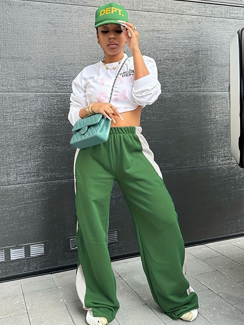 Women's Clothing Autumn women's new fashion contrast color stitching high waist street shot straight wide leg casual trousers_voghion.com