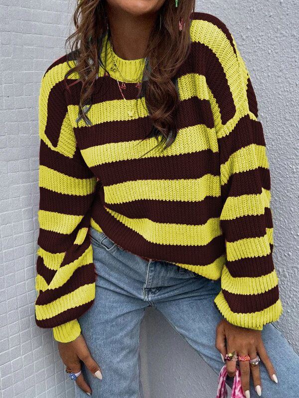 Women's Casual Stripe Knit Sweater Oversized Drop Shoulder Color Block Pullover Acrylic Soft Comfortable Long Sleeve Round Neck_voghion.com
