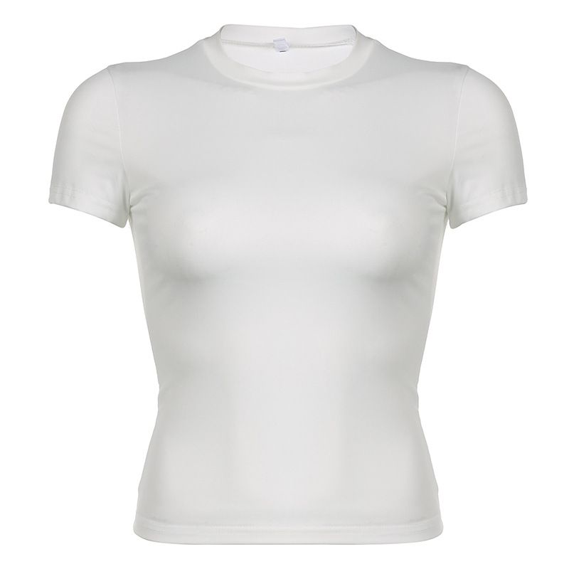 Women's clothing Hottie Casual Women's Wear Solid Color Round Neck Basic Pullover T-shirt Cross-border European and American Slim Short Sleeve Top_voghion.com