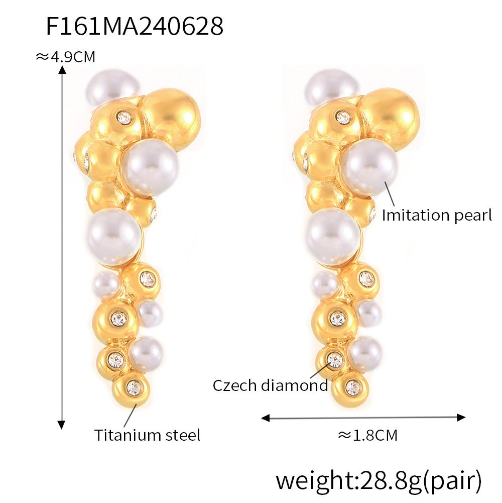 French Style Minimalist Round Bead Splicing With Diamond Studded Pearl Earrings, Personalized Irregular Titanium Steel_voghion.com