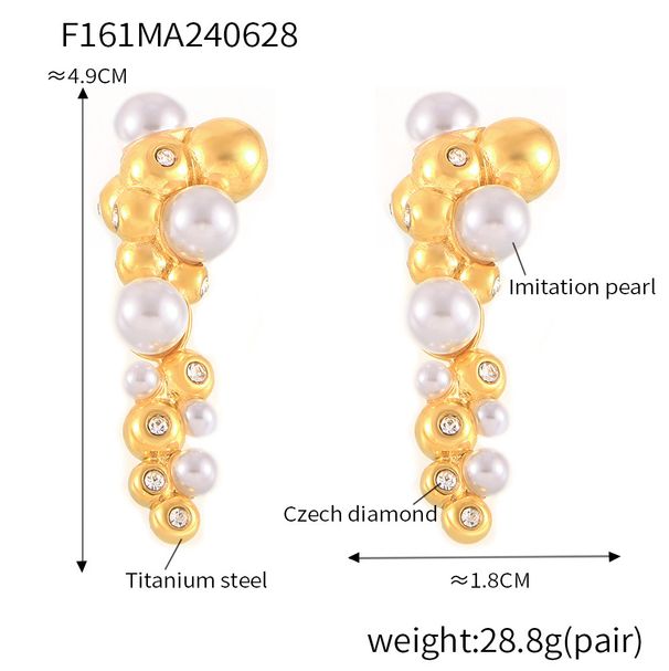 French Style Minimalist Round Bead Splicing With Diamond Studded Pearl Earrings, Personalized Irregular Titanium Steel_voghion.com