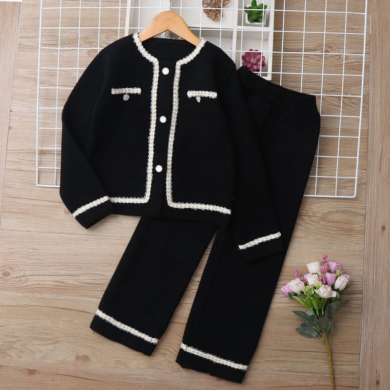 Mother & Kids Knitted Sweater Suit Girls Knit Sweater And Pants Set - Soft French Terry Two-Piece Outfit With Lace Trim (White/Black, 120-160cm)_voghion.com