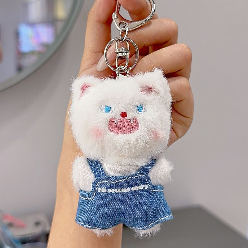 Authentische flauschige kleine Haustier Katze Denim Overalls Paar Paar Plüsch Anhänger Exquisite Rucksack Schlüsselanhänger Puppe_voghion.com