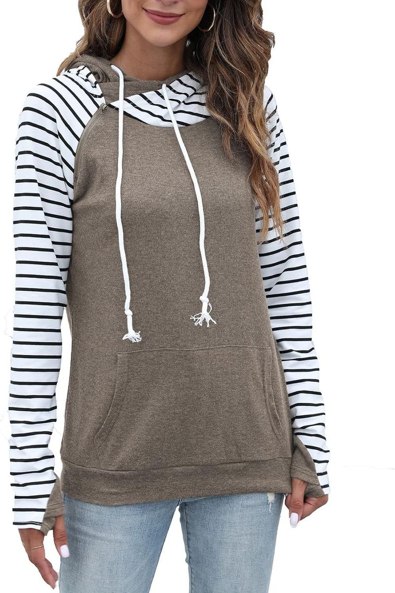 Women's Pullover Fashionable Sportswear Double Hooded Color Blocked Hooded Casual Long Sleeved Comfortable Autumn Top_voghion.com