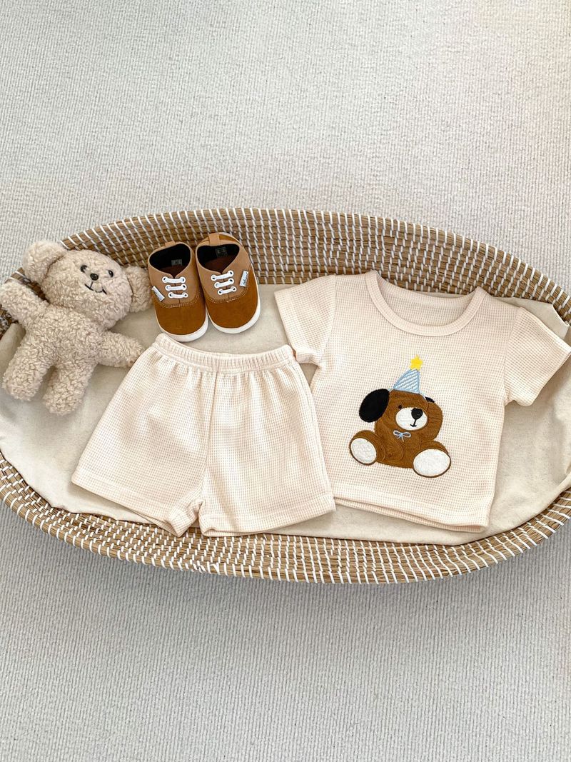 Mutter & Kinder 2024 Babyanzug Sommer neue koreanische Version Bär Stickerei Junge Baby Baumwolle Waffel Kurzarm zweiteiliger Anzug_voghion.com