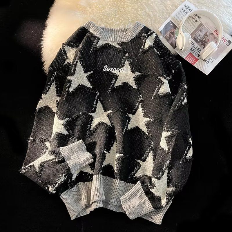 Herrenbekleidung Rundhals-Strickpullover mit Stern-Jacquard-Muster, Rundhals-Farbblock-Pullover, locker sitzendes Freizeitoberteil für Herbst und Winter_voghion.com