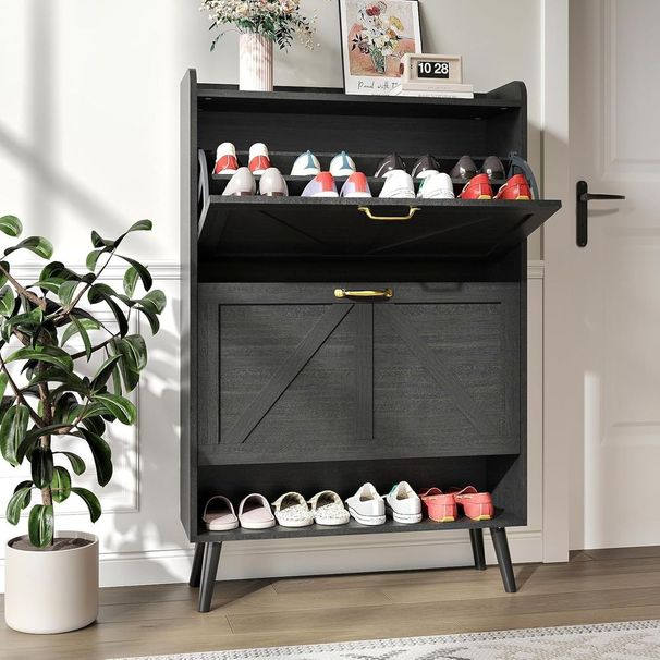 Large Shoe Cabinet With 2 Flip Drawers, Shoe Storage Cabinet For Entryway Slim, Hidden Shoe Storage With Open Shelf, Freestanding Tipping Bucket Sho_voghion.com