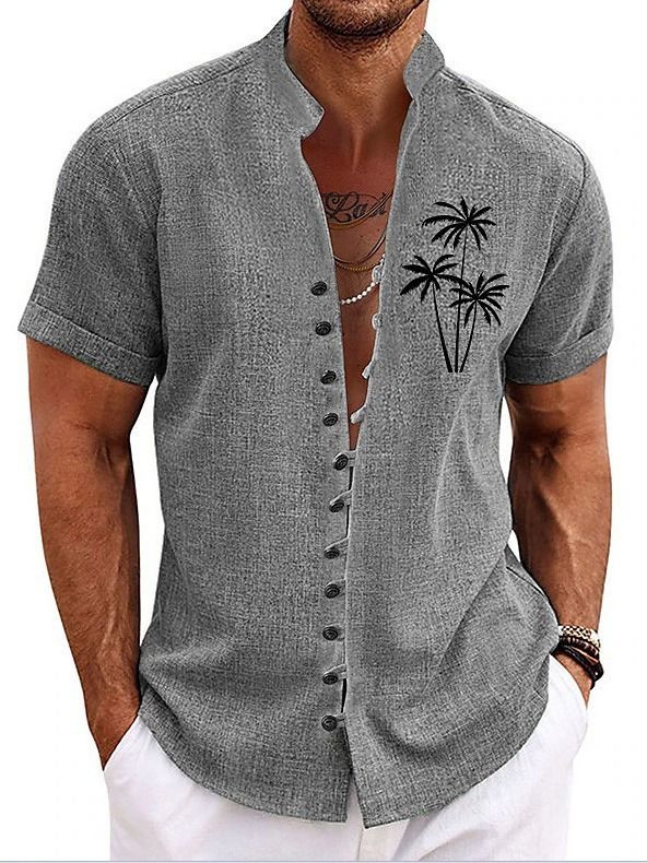 ​​Sommerhemd für Herren in einfarbiger Farbe mit kurzen Ärmeln und kontrastierendem Kragen und Manschetten, lässiges Button-Up-Hemd aus Polyester für den täglichen Gebrauch​​_voghion.com