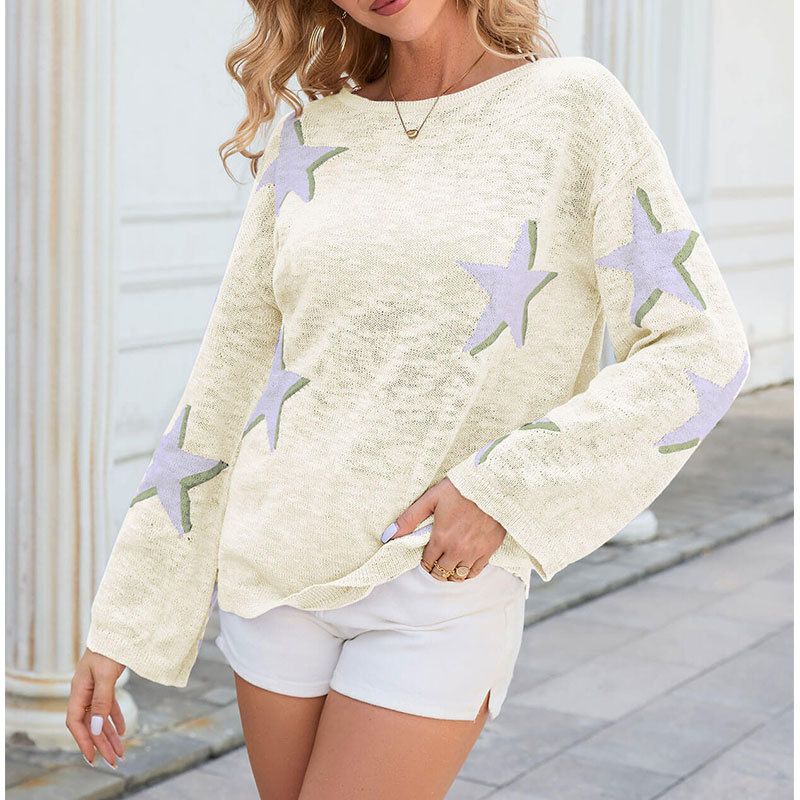 Damen Herbstpullover Fünfzackiger Stern Gestrickter Langarmpullover für Damen_voghion.com
