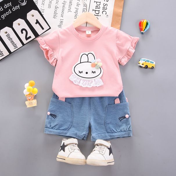 Süßes Jeansshorts-Set für Mädchen, süße Sommerkleidung, kurzärmliges Spitzen-T-Shirt, zweiteiliges Set für Kinder_voghion.com