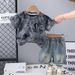 2025 Summer New Full Printed Foam Letter Short Sleeve Set, Boys' Baby Casual Cowboy Shorts Two Piece Set_voghion.com