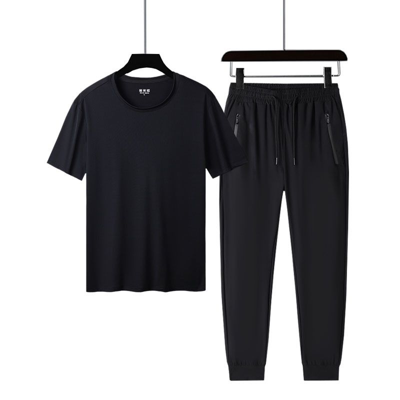Men's Clothing Cross border summer men's short sleeved T shirt suit middle aged cool quick drying top trousers dad leisure sports two piece suit_voghion.com