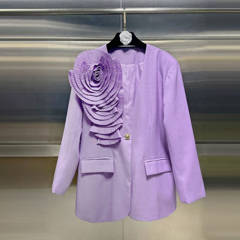 Abbigliamento da donna top stile casual estivo nuova giacca con scollo a V e giubbotto slim fit con fiori tridimensionali_voghion.com