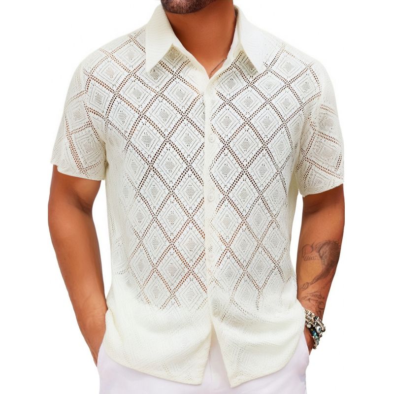 Camicia da uomo a maniche corte con motivo a zig-zag, stile Hong Kong, casual, estiva, con maniche corte, in pizzo, da uomo, A0405_voghion.com