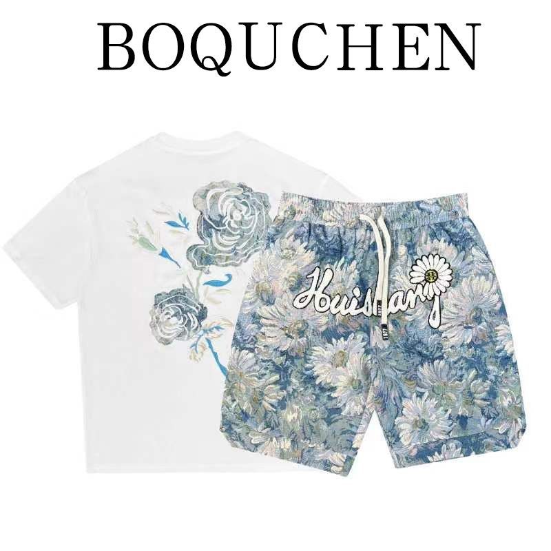 European Summer Fashion with Blue Rose Printed Shorts and Short Sleeves, Trendy, Casual, Sports, Light Luxury Two Piece_voghion.com