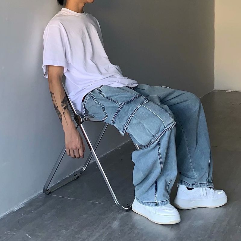Vêtements pour hommes rétro drapé ample jambe large décontracté grande poche vêtements de travail denim lavé papa pantalon pour hommes et femmes_voghion.com