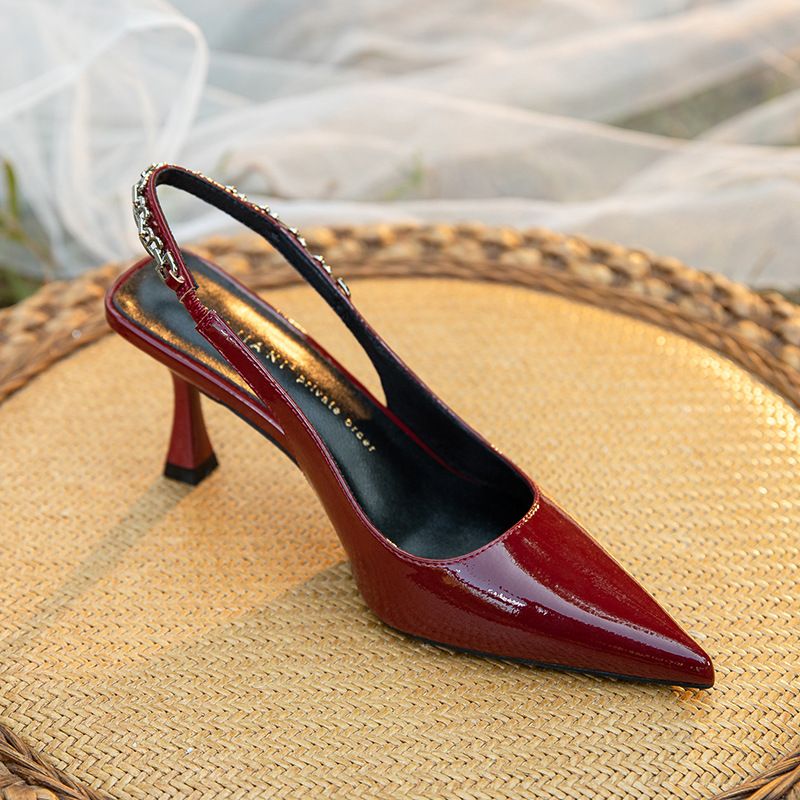 3299-12 French Design Iron Chain Decorative Pointed Thin High Heel Single Shoes Women's One Line With Temperament Baotou_voghion.com