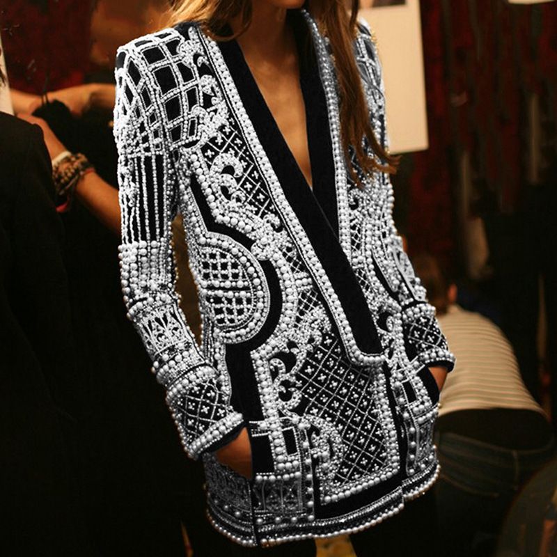 Women's Autumn Fashion V-neck Long-sleeved Thickened Mid-length Suit Jacket_voghion.com