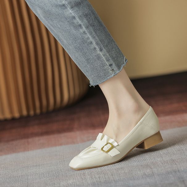Square toe thick heel shoes for women 2024 autumn new square buckle pleated versatile shallow mouth medium heel grandma shoes women work shoes_voghion.com