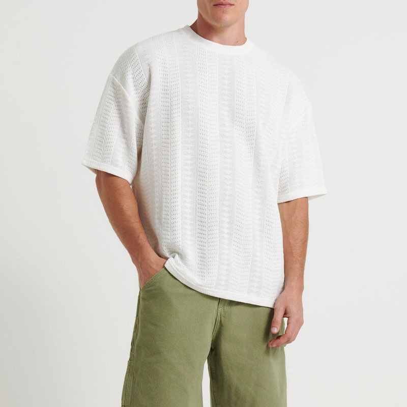 Knitted Solid Color Jacquard Texture Summer Casual Round Neck Pullover Short Sleeved Men's Top_voghion.com