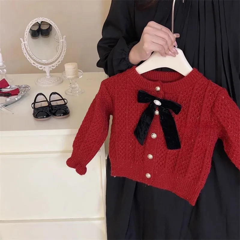 Cardigan tricoté pour enfants, vêtements pour enfants, doux, simple boutonnage, col poupée, pull pour fille tempérament_voghion.com