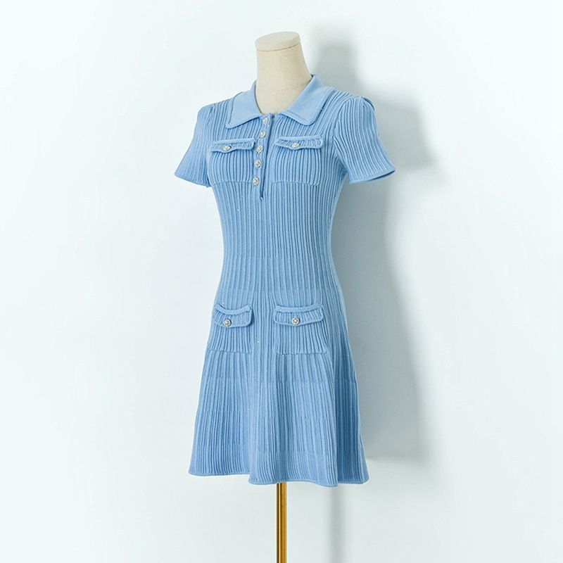 Vêtements pour femmes S4032 Printemps et été Nouvelle jupe tricotée à manches courtes à revers en fil pailleté à taille élastique pour bébé Robe trapèze pour femmes_voghion.com
