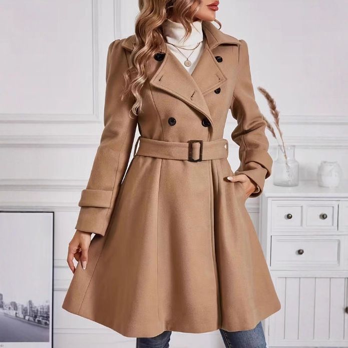 Elegantes wollähnliches Mantelkleid für Damen – zweireihiges Trenchcoatkleid mit Gürtel, schicke und vielseitige Oberbekleidung für den Herbst_voghion.com